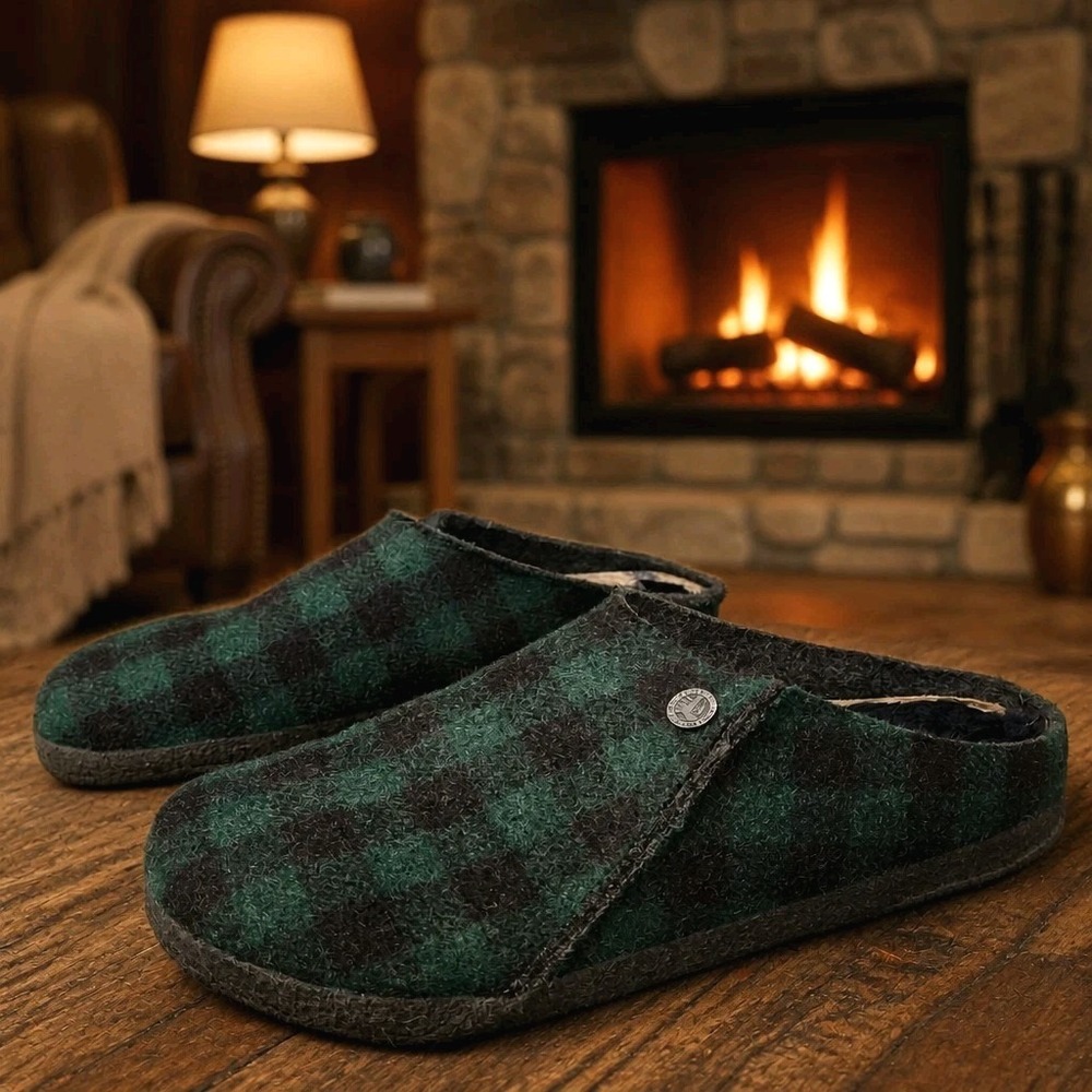 Birkenstock Zermatt Plaid Wool Felt Shearling Slippers Green Men 8/ Ladies 10